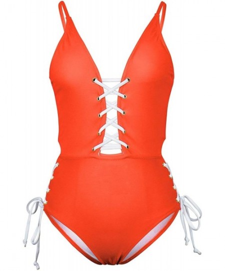 One-Pieces Women's Sexy V Neck Lace Up Cutout High Waisted One Piece Monokini Swimsuit - Orange - CR18O660GH8