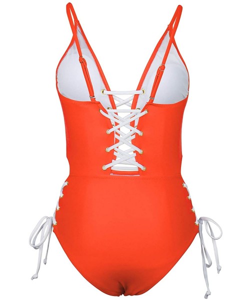 One-Pieces Women's Sexy V Neck Lace Up Cutout High Waisted One Piece Monokini Swimsuit - Orange - CR18O660GH8