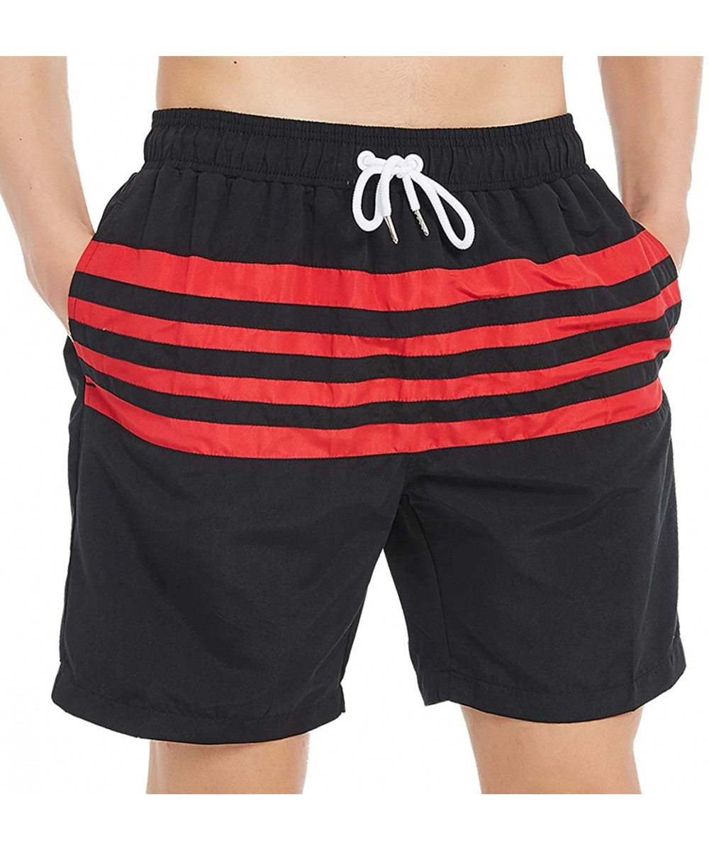 Board Shorts Mens Swim Trunks- Quick Dry Mens Boardshorts- 7 Inches Inseam Mens Bathing Suits with Mesh Lining - Striped Blac...