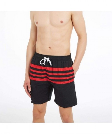 Board Shorts Mens Swim Trunks- Quick Dry Mens Boardshorts- 7 Inches Inseam Mens Bathing Suits with Mesh Lining - Striped Blac...