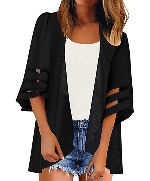 Cover-Ups Summer Woman's Beach Cardigan Mesh 3/4 Trumpet Sleeve Chiffon Kimono Coverup Casual Loose Smocked Shirt - Black - C...