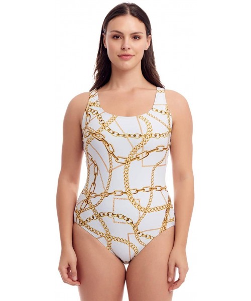 One-Pieces Women's Plus Size Colorful Prints One Piece Bathing Suit - White/Gold Chains - C1195LSXNCS