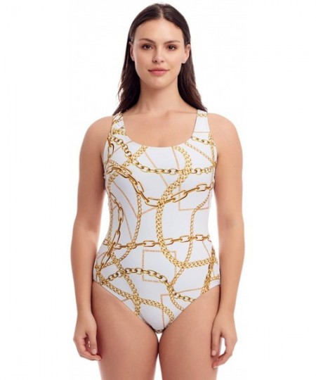 One-Pieces Women's Plus Size Colorful Prints One Piece Bathing Suit - White/Gold Chains - C1195LSXNCS