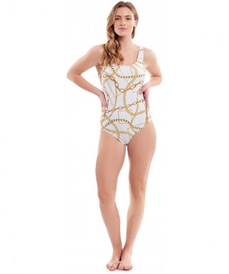 One-Pieces Women's Plus Size Colorful Prints One Piece Bathing Suit - White/Gold Chains - C1195LSXNCS