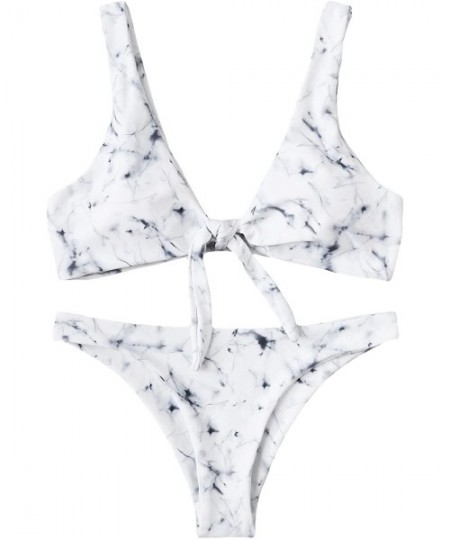 Sets Women's Sexy Bikini Swimsuit Tie Knot Front Swimwear Set - Marble-white - CE18E09ID87