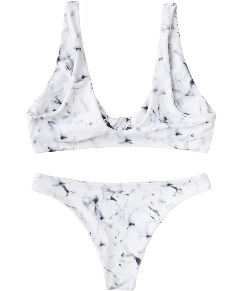 Sets Women's Sexy Bikini Swimsuit Tie Knot Front Swimwear Set - Marble-white - CE18E09ID87