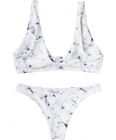 Sets Women's Sexy Bikini Swimsuit Tie Knot Front Swimwear Set - Marble-white - CE18E09ID87