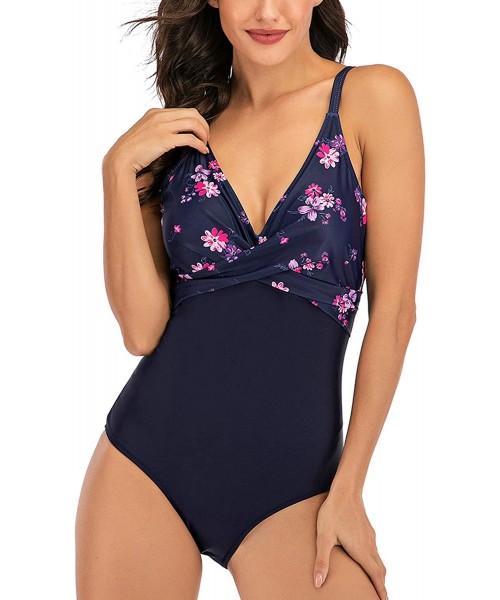 One-Pieces Women's V Neck One Piece Swimuits Retro Bathing Suit Low Back Cross Vintage Swimwear - Navy - C11906MCE77