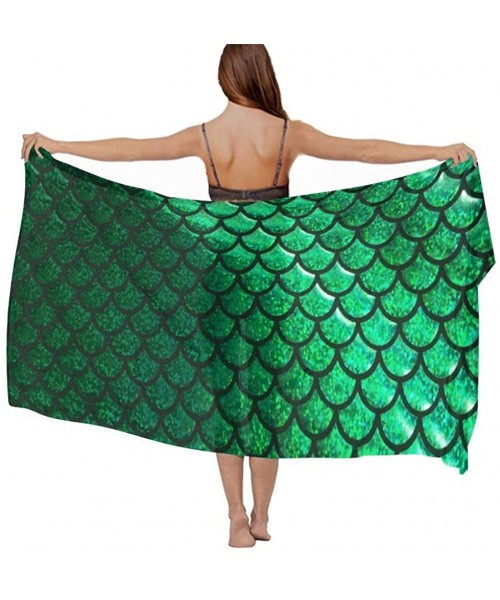 Cover-Ups Women's Swimwear Cover Ups- Summer Vacation Beach Sarong Soft Shawl Wrap - Bright Green Pastel Mermaid Scales - CD1...