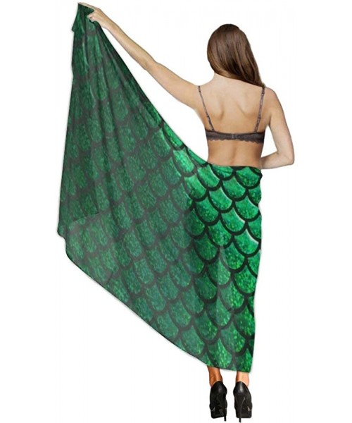 Cover-Ups Women's Swimwear Cover Ups- Summer Vacation Beach Sarong Soft Shawl Wrap - Bright Green Pastel Mermaid Scales - CD1...