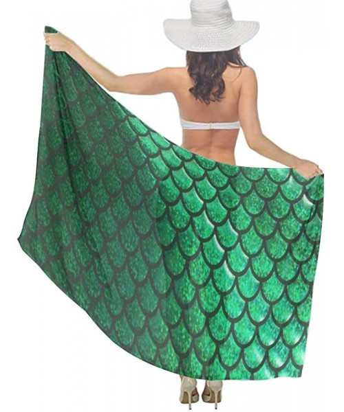 Cover-Ups Women's Swimwear Cover Ups- Summer Vacation Beach Sarong Soft Shawl Wrap - Bright Green Pastel Mermaid Scales - CD1...