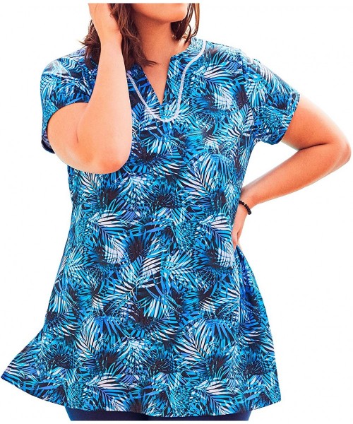 Tankinis Women's Plus Size Short-Sleeve Swim Tunic - Blue Palms (2453) - CX193GOTNWC