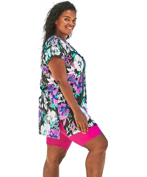 Tankinis Women's Plus Size Short-Sleeve Swim Tunic - Blue Palms (2453) - CX193GOTNWC