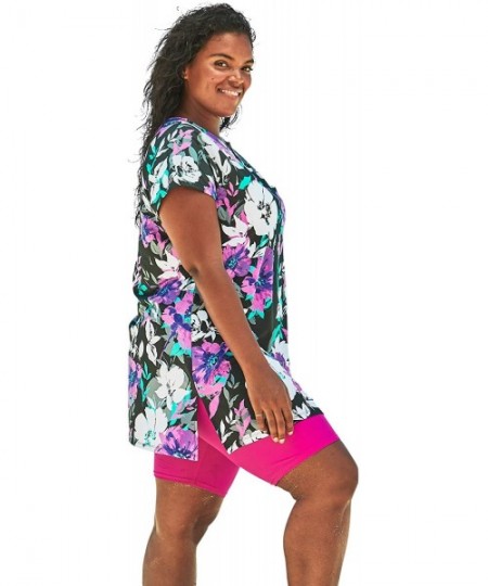 Tankinis Women's Plus Size Short-Sleeve Swim Tunic - Blue Palms (2453) - CX193GOTNWC