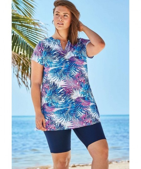 Tankinis Women's Plus Size Short-Sleeve Swim Tunic - Blue Palms (2453) - CX193GOTNWC