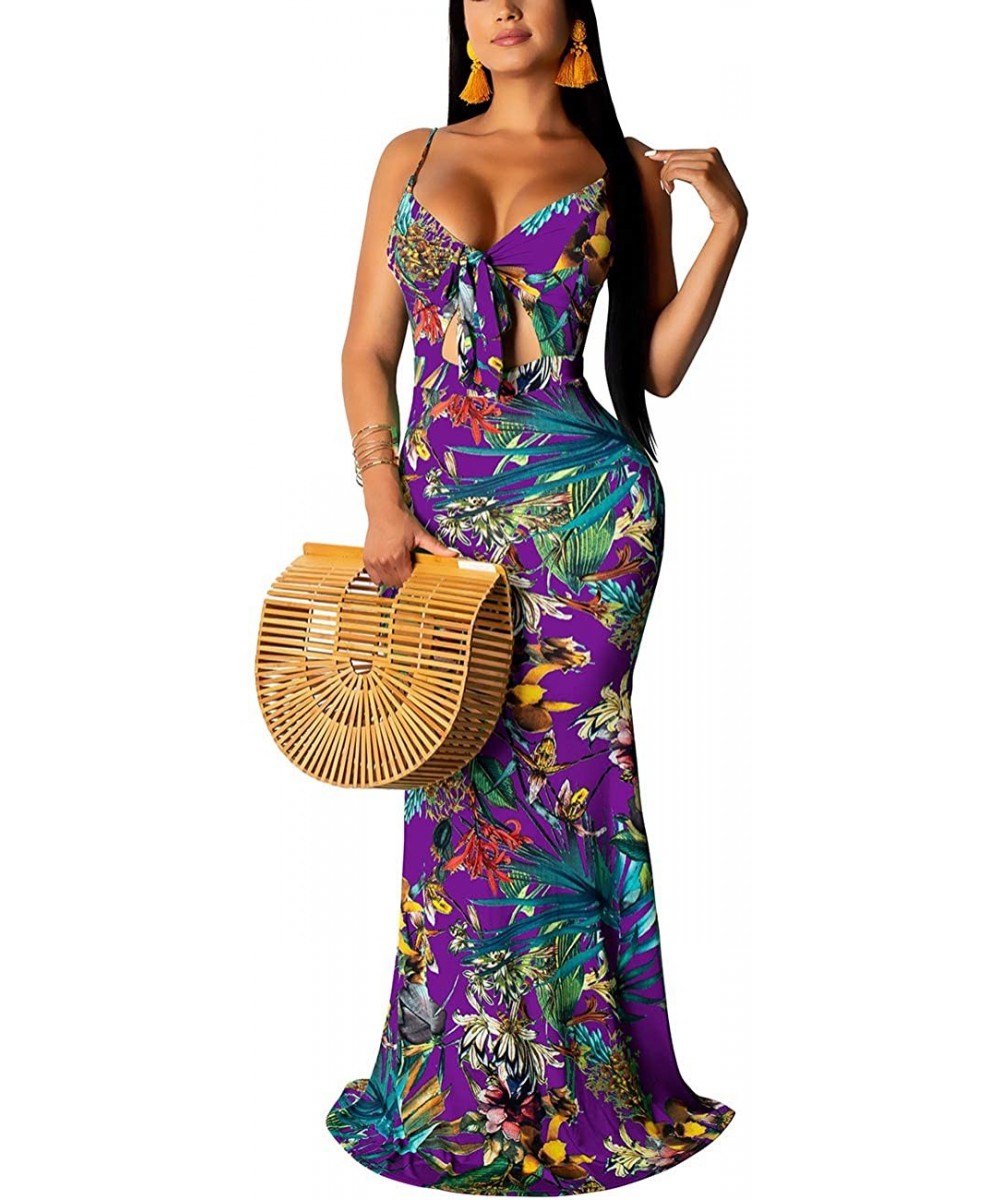 Cover-Ups Women's Summer Floral Spaghetti Strap Maxi Dresses Sexy V-Neck Beach Boho Tropical Long Sundress - Purple - C918UYA...