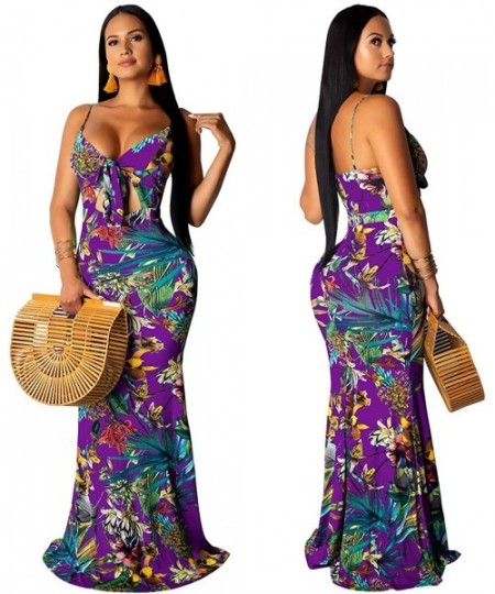 Cover-Ups Women's Summer Floral Spaghetti Strap Maxi Dresses Sexy V-Neck Beach Boho Tropical Long Sundress - Purple - C918UYA...