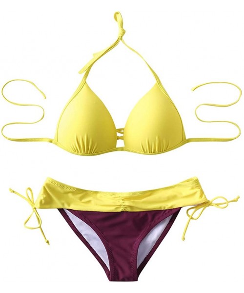 Bottoms Store Two Piece Swimsuits Women Padded Bra Bikini Set Push Up Bandage Beachwear Gold Velvet Swimwear - Yellow - C9194...