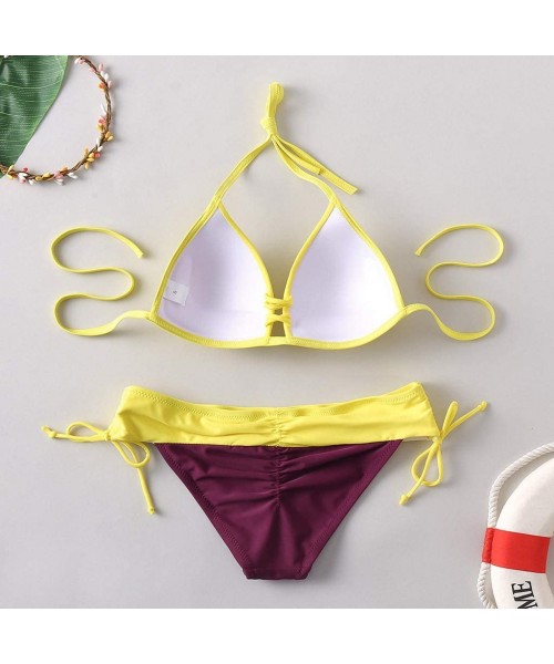 Bottoms Store Two Piece Swimsuits Women Padded Bra Bikini Set Push Up Bandage Beachwear Gold Velvet Swimwear - Yellow - C9194...