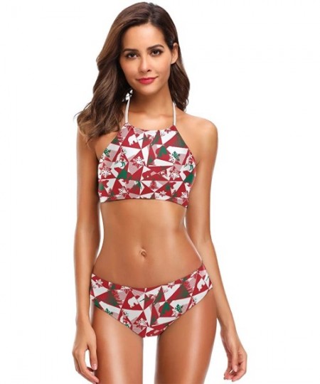 Sets Penguin Print 2 Pcs Halter High Waist Swimsuit Bathing Set for Woman Girls - Polygonal Winter Bear Deer - CQ18QLHAOOO