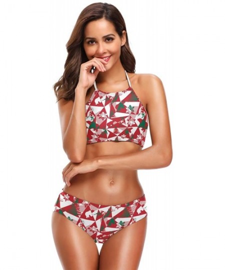 Sets Penguin Print 2 Pcs Halter High Waist Swimsuit Bathing Set for Woman Girls - Polygonal Winter Bear Deer - CQ18QLHAOOO