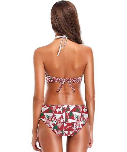 Sets Penguin Print 2 Pcs Halter High Waist Swimsuit Bathing Set for Woman Girls - Polygonal Winter Bear Deer - CQ18QLHAOOO