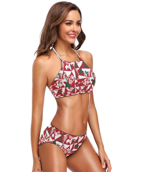 Sets Penguin Print 2 Pcs Halter High Waist Swimsuit Bathing Set for Woman Girls - Polygonal Winter Bear Deer - CQ18QLHAOOO