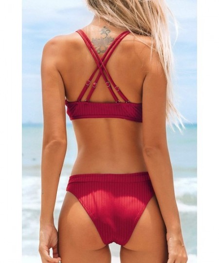 Sets Women's Lace up Red Double Criss Cross Straps Bikini Sets - CD194EQSOCI