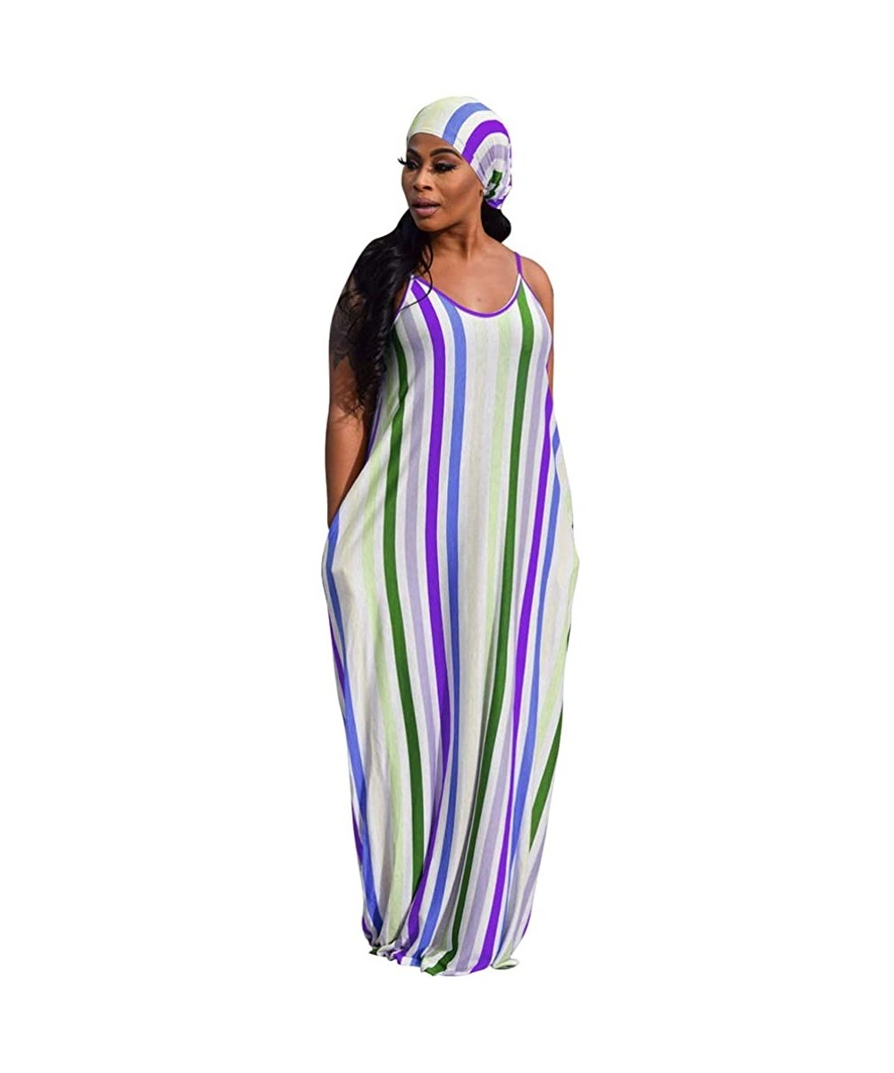 Cover-Ups Women's Tie Dye Sundress Baggy Fit Striped Sexy Spaghetti Straps Casual Boho Maxi Dress with Pockets - C-purple - C...