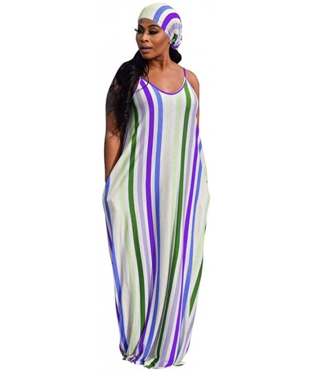 Cover-Ups Women's Tie Dye Sundress Baggy Fit Striped Sexy Spaghetti Straps Casual Boho Maxi Dress with Pockets - C-purple - C...