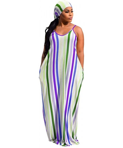 Cover-Ups Women's Tie Dye Sundress Baggy Fit Striped Sexy Spaghetti Straps Casual Boho Maxi Dress with Pockets - C-purple - C...