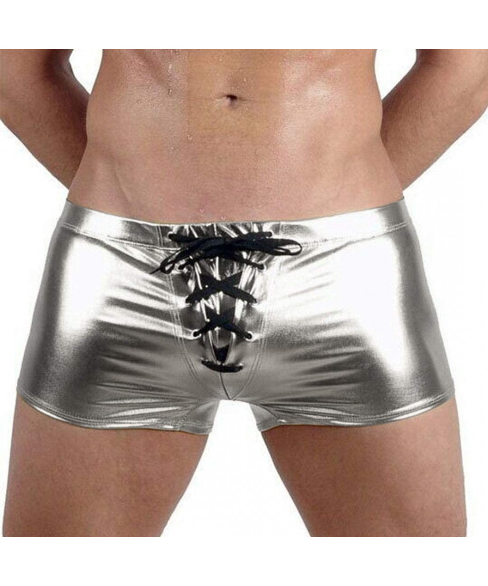 Briefs Men's Liquid Metallic Boxer Shorts Drawstring Underwear Briefs Swimsuit Trunks Underpants Swimwear - Silver B - CI18U5...