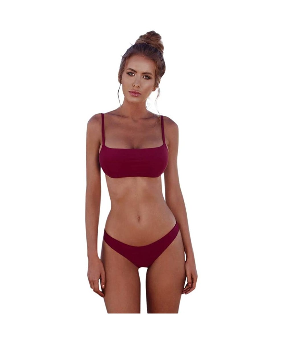 Sets Women's Bathing Suit Spaghetti Strap Floral Print Criss Cross Bikini Set Printed Swimsuits Swimwear - Wine Red-4 - CM18U...