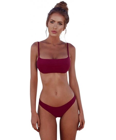 Sets Women's Bathing Suit Spaghetti Strap Floral Print Criss Cross Bikini Set Printed Swimsuits Swimwear - Wine Red-4 - CM18U...