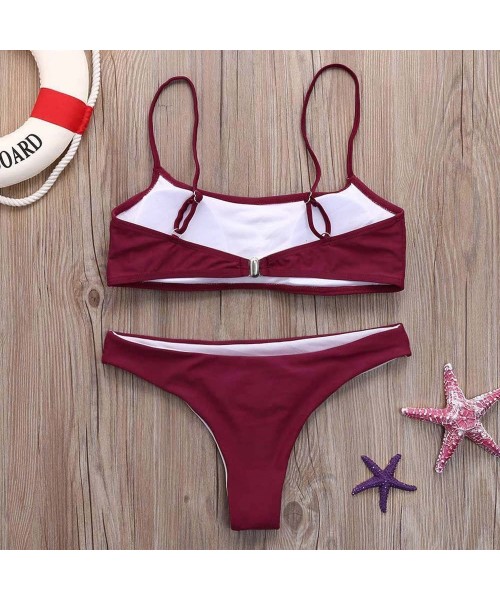 Sets Women's Bathing Suit Spaghetti Strap Floral Print Criss Cross Bikini Set Printed Swimsuits Swimwear - Wine Red-4 - CM18U...