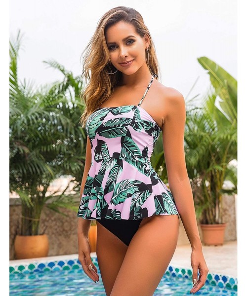 Sets Tummy Control Tankini Swimsuits for Women 2 Pcs Swimsuit Set Floral Print Ruffle Halter Swimwear - A-pink - CS18OYDIGRC