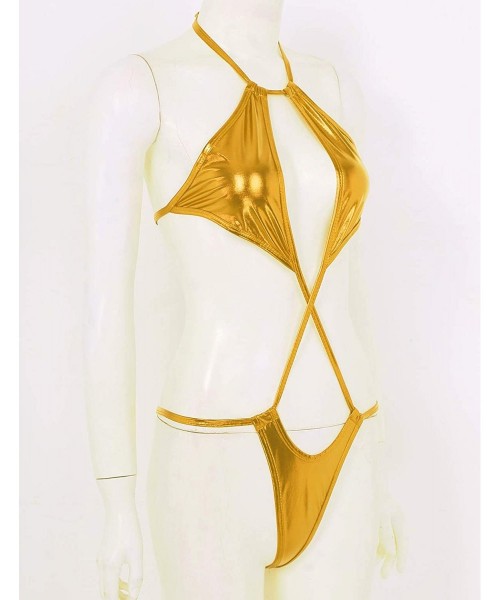 Sets Women's Shiny Metallic Halter Neck Slingshot Bikini Mini Teddy Bodysuit Swimsuit - Gold - CN194ACG0RY