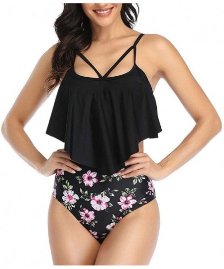 Sets High Waisted Bikini Swimsuits for Women Retro Ruffled Flounce Swimwear Two Piece Tankini Bathing Suits - Black - CT196SU...