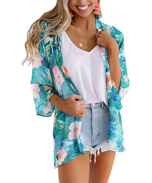 Cover-Ups Women's Floral Print Kimonos 3/4 Sleeve Sheer Chiffon Cardigan Open Front Cover Up Tops - A-green - CP196WGU0MT