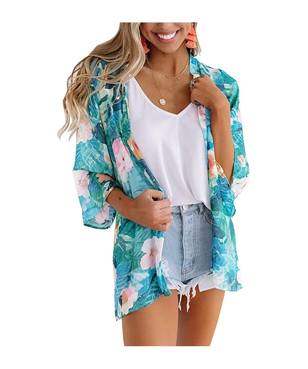 Cover-Ups Women's Floral Print Kimonos 3/4 Sleeve Sheer Chiffon Cardigan Open Front Cover Up Tops - A-green - CP196WGU0MT