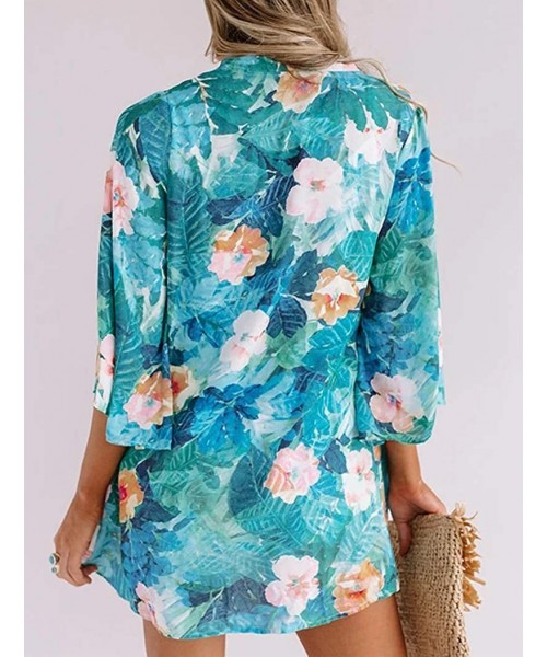 Cover-Ups Women's Floral Print Kimonos 3/4 Sleeve Sheer Chiffon Cardigan Open Front Cover Up Tops - A-green - CP196WGU0MT