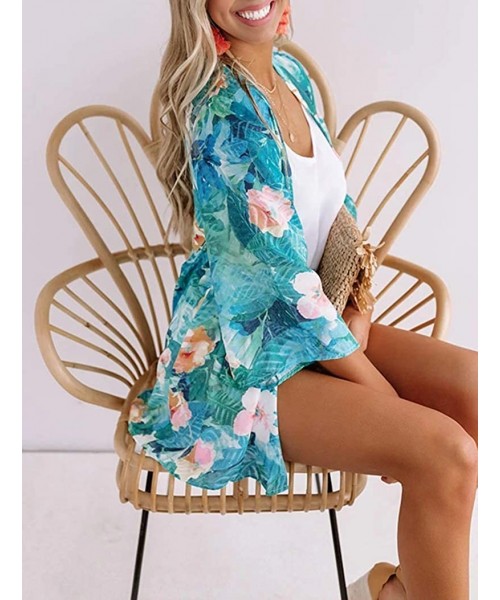 Cover-Ups Women's Floral Print Kimonos 3/4 Sleeve Sheer Chiffon Cardigan Open Front Cover Up Tops - A-green - CP196WGU0MT