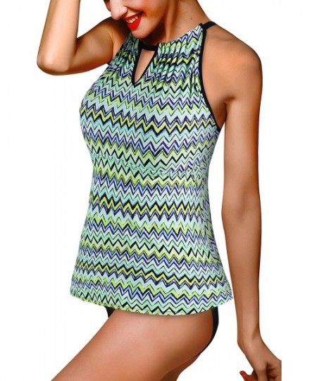 Tankinis Women's Plus Size Tankini Top Sexy Keyhole High Neck Floral Striped Print Bathing Suits Top - Green - CJ18OO5DTMO