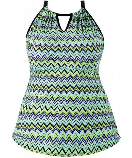 Tankinis Women's Plus Size Tankini Top Sexy Keyhole High Neck Floral Striped Print Bathing Suits Top - Green - CJ18OO5DTMO