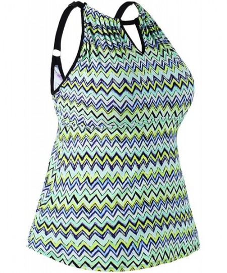 Tankinis Women's Plus Size Tankini Top Sexy Keyhole High Neck Floral Striped Print Bathing Suits Top - Green - CJ18OO5DTMO