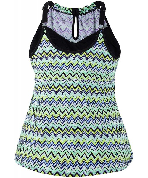 Tankinis Women's Plus Size Tankini Top Sexy Keyhole High Neck Floral Striped Print Bathing Suits Top - Green - CJ18OO5DTMO