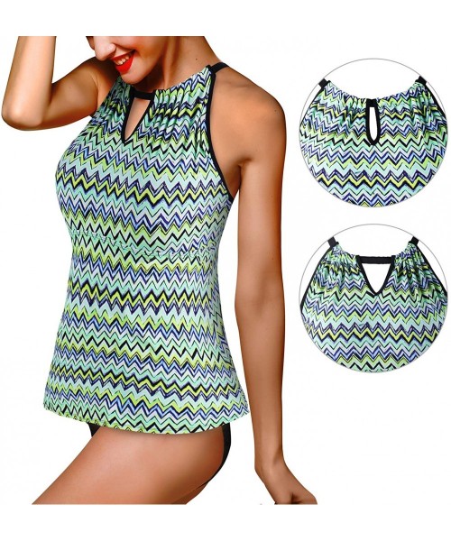 Tankinis Women's Plus Size Tankini Top Sexy Keyhole High Neck Floral Striped Print Bathing Suits Top - Green - CJ18OO5DTMO