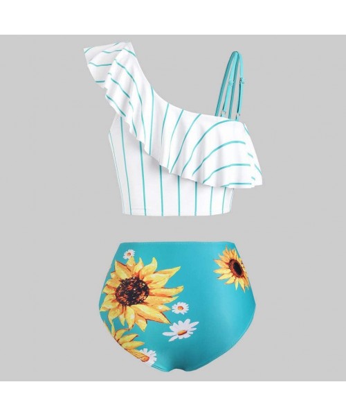 Racing One Shoulder Swimsuits for Women Sunflower Print High Waisted Tummy Control Tankini Two Piece Flounce Swimwear - Limse...