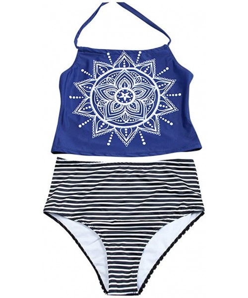 Rash Guards Women Girls 2 Piece Swimsuits High Waisted Vintage Halter Bathing Suits Bikini Set - Blue - C3194AS3224