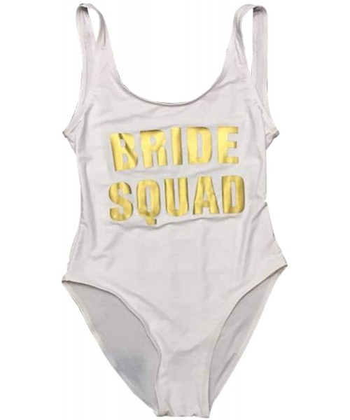 One-Pieces Womens Sexy One Piece Fashion Bride Squad Letter Print High Cut and Low Back Monokini Swimsuit - White - C518MGEO8WE